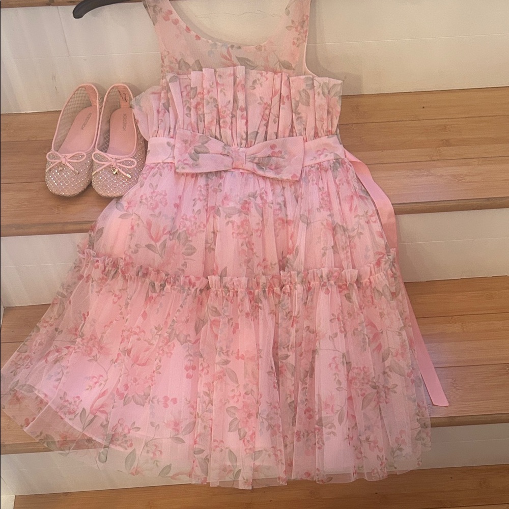 iris & ivy Pink Floral Tulle Party Dress with Bow Sash